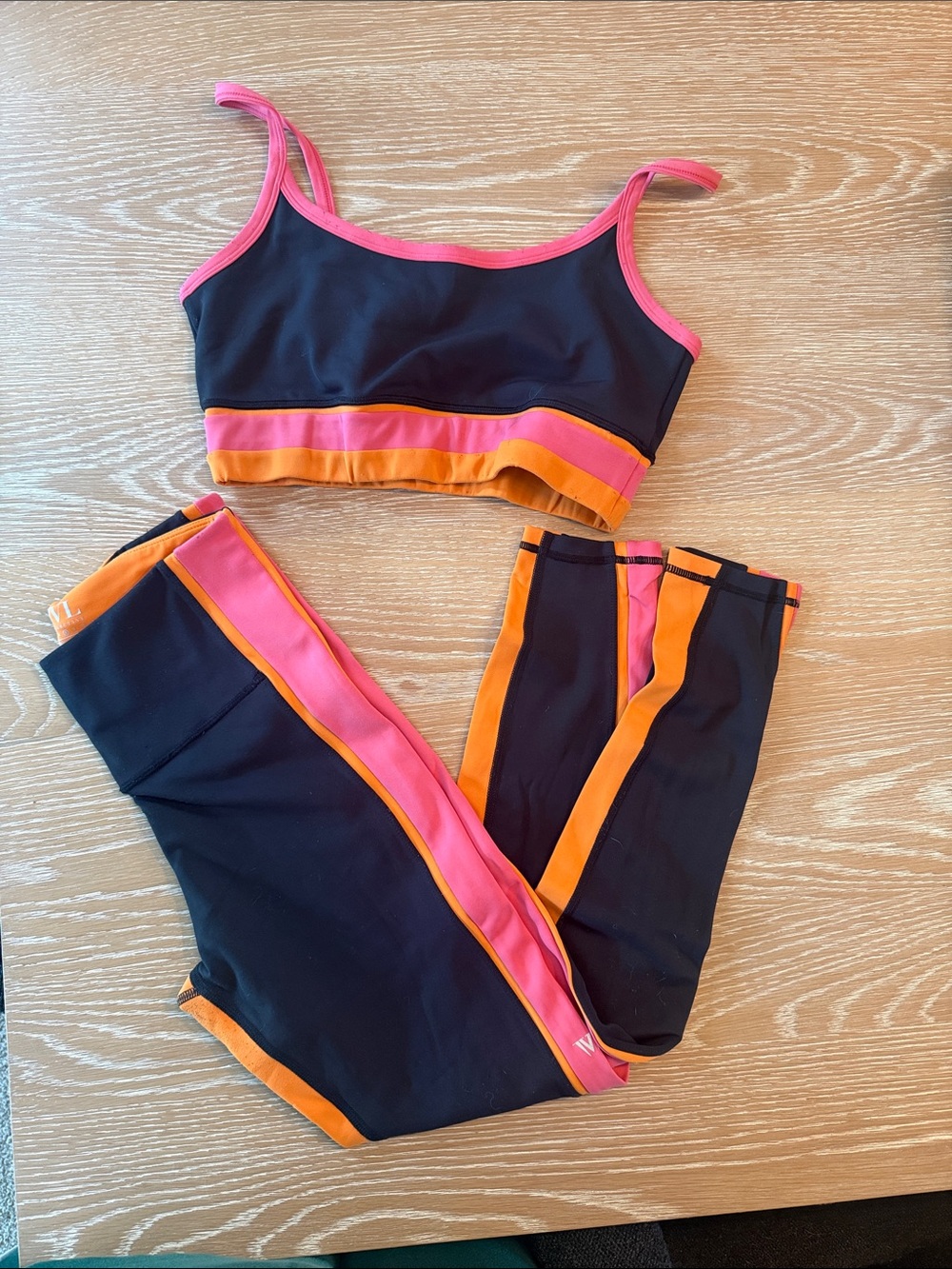 Black Leggings & Crop Top Set with Pink and Orange Trim